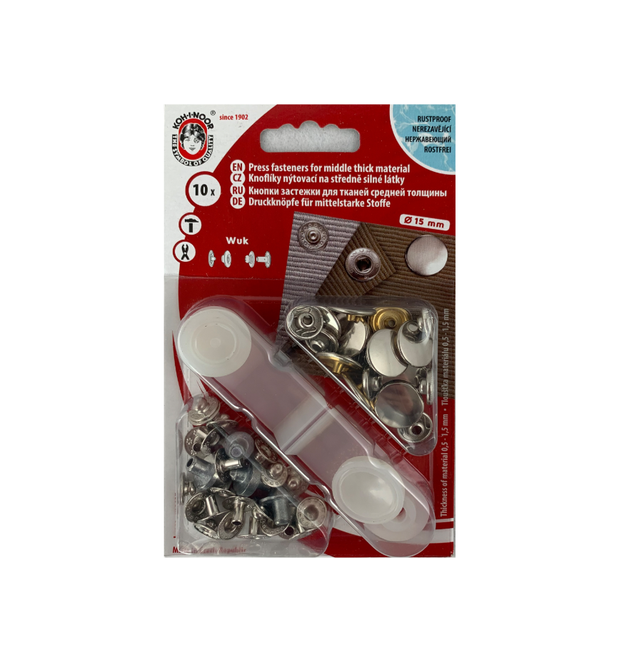 Boîte de 10 boutons pressions 15mm avec outil